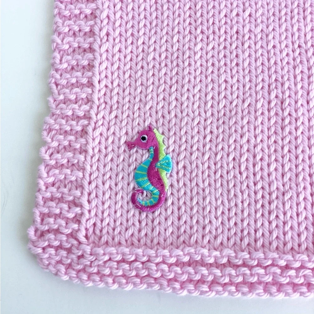Baby Bib Set Hand Crafted Pink Knit Cotton Seahorse Colorful